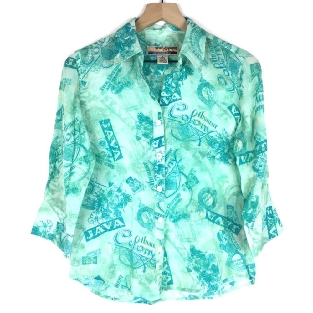 SUNSET COVE 100% Cotton Button Up Shirt Java Coffee Tropical Beach Vacay Small